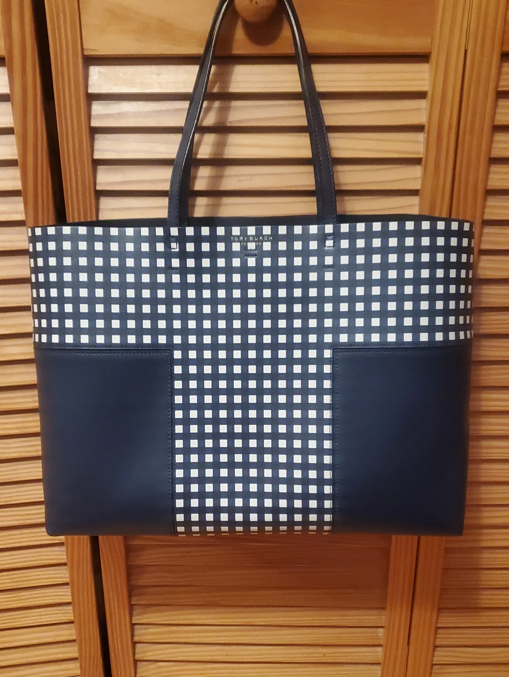 Tory Burch Navy and White Checkered Leather Tote / Pouch Not Available.